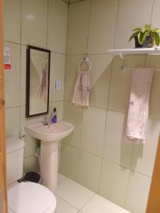 La petite salle de bains est pourvue d'un lavabo et de toilettes. dans l'établissement O melhor da região!, à São João de Meriti