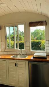 Una cocina con fregadero y dos ventanas. en La Casa Del Vagon, en Mar del Plata