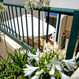 a bunch of white flowers sitting on a railing at Apartamento encantador a 100m da praia in Carvoeiro