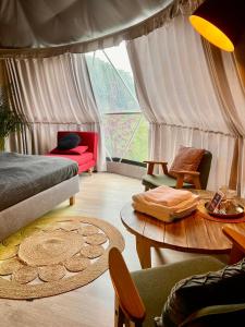 Na Skraju Lasu Domek na Drzewie & Glamping في كازيميرز دولني: غرفة معيشة مع أريكة حمراء وطاولة