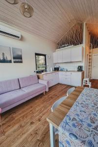 ein Wohnzimmer mit einem lila Sofa und einem Tisch in der Unterkunft Chce się być in Ślesin