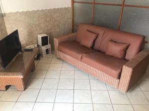 brązowa kanapa w salonie z telewizorem w obiekcie Murdeira village V155J r/c w Espargos