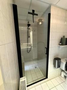 a shower with a glass door in a bathroom at Studio 43 in Hollum