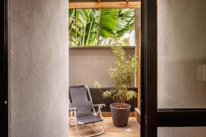 a chair and a plant in a room at JQY Beach Flats - 950m da Praia - Garagem subterrânea - Estação de carregamento para veículos elétricos in Juquei