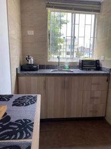 uma cozinha com um lavatório e uma janela em Hotel Boutique Casa Magaly em Bogotá