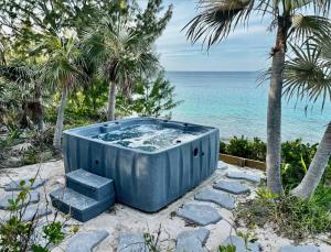 a blue tub sitting on the beach next to the ocean at Trident Estate estate in Palmetto Point