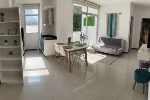 cocina y sala de estar con mesa y sillas en Hermoso departamento en Villa Morra, en Asunción