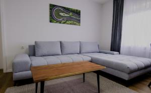 un soggiorno con divano e tavolino in legno di Waldblick am Ring a Kelberg