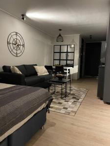 a living room with a bed and a couch at Estudio en Estoril cercano a principales centros de ski in Santiago