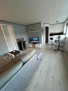 sala de estar con sofá y mesa en Maaloey Fjord & Mountain Panorama en Måløy