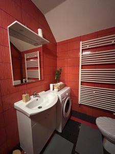bagno rosso con lavandino e servizi igienici di Guest house Emanuela a Slunj