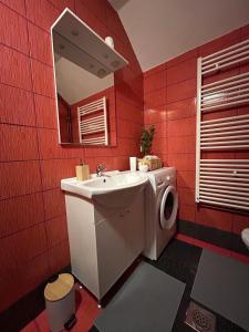 La salle de bains rouge est pourvue d'un lavabo et d'un lave-linge. dans l'établissement Guest house Emanuela, à Slunj