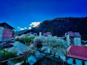 a small town with a mountain in the background at Apartament ASK HOME in Slănic-Moldova