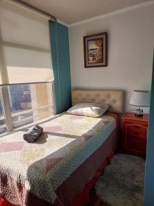ein Schlafzimmer mit einem Bett mit einer Decke darauf in der Unterkunft Gran Santiago Apart in Santiago