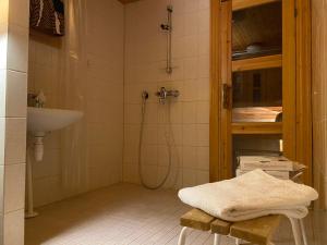 ein Badezimmer mit Dusche und Waschbecken in der Unterkunft Alppiruusu B in Syöte