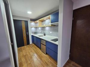 eine kleine Küche mit blauen Schränken und einem Waschbecken in der Unterkunft Loft Barrio Vergel in Monterrey