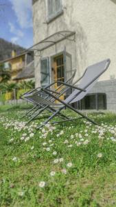 a chair sitting in the grass in front of a building at STONE in Crodo