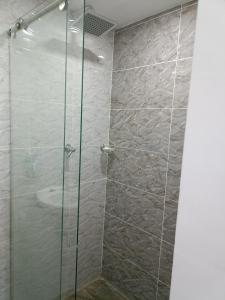 um chuveiro com uma porta de vidro na casa de banho em Apartamento Flandes em Flandes
