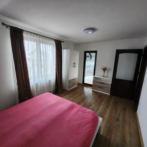 1 dormitorio con cama rosa y espejo en Casa CLO, en Sighetu Marmaţiei