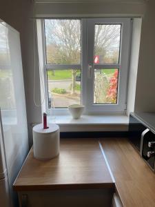 a window with a bowl on a wooden table in front of it at Frobisher Apartment in Erith