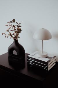 einen Tisch mit einer Lampe, einer Vase und Büchern in der Unterkunft WITTMANN Ferienwohnung in Strandnähe 206 - Schönberg in Kalifornien