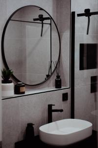 ein Badezimmer mit einem weißen Waschbecken und einem Spiegel in der Unterkunft WITTMANN Ferienwohnung in Strandnähe 206 - Schönberg in Kalifornien