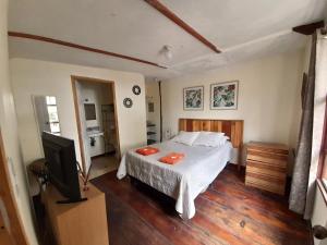 a bedroom with a bed and a flat screen tv at CABAÑAS EN ZONA 16 in Guatemala