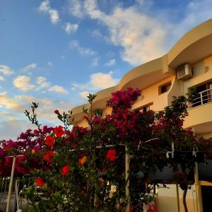 un edificio con flores rojas delante de él en Hotel Sirena, en Vlorë