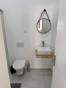 La salle de bains est pourvue d'un lavabo, de toilettes et d'un miroir. dans l'établissement New Baixa Chiado Bedrooms, à Lisbonne