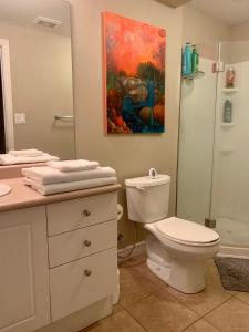 baño con aseo y una pintura en la pared en 1 room in a cozy and beautiful basement, en Guelph