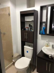 a bathroom with a toilet and a sink and a shower at Hermoso Apartamento en la mejor zona de la ciudad in Armenia