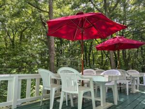 einen Tisch und Stühle mit roten Sonnenschirmen auf einer Terrasse in der Unterkunft Nasu Kogen Yamagoya - Vacation STAY 29336v in Shiozawa