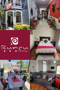 eine Collage mit Fotos eines Hotels mit einem Bett und Tischen in der Unterkunft Runcu Arequipa in Arequipa