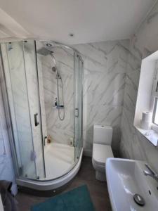 a bathroom with a shower and a toilet and a sink at Private Room Near Central Ideal for City Explorers in London
