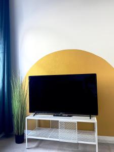 uma grande televisão de ecrã plano em cima de uma mesa em Charming 3 Bedrooms Near Vienna Central Station Apartment em Viena