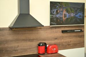 a kitchen with a stove top oven and a red toaster at Апартамент в топ центъра на Велико Търново in Veliko Tŭrnovo