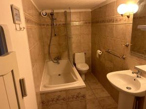 a bathroom with a tub and a toilet and a sink at Coeur de Bastide in Villeneuve-sur-Lot