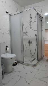 La salle de bains est pourvue d'une douche et de toilettes. dans l'établissement Bodrum Family Apartments, à Bodrum City