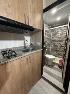 a small kitchen with a sink and a toilet at Hotel Lares 70 Laureles in Medellín