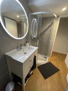 een badkamer met een wastafel en een spiegel bij K-torze in Espalion