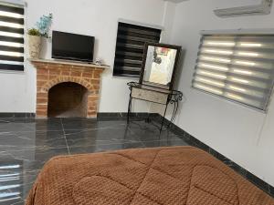 uma sala de estar com lareira e televisão em huseein rooms em Gérasa