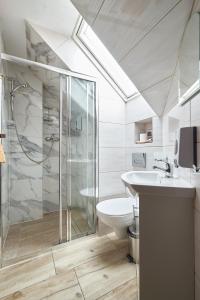 a bathroom with a shower and a toilet and a sink at Apartamenty P7 Dzierżoniów in Dzierżoniów