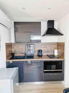 uma cozinha com um lavatório e um fogão forno superior em Les flamants Roses la Capte • Hyères / 4pers em Hyères