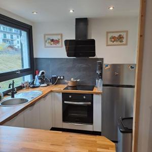 a kitchen with a sink and a refrigerator at Casa Peghera, Chamonix (hypercentre) in Chamonix