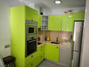 ラスパルマス・デ・グランカナリアにあるOlof Apartmentのキッチン(ライムグリーンのキャビネット、冷蔵庫付)