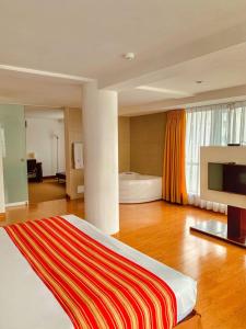Duży pokój z łóżkiem i kominkiem w obiekcie Allpa Hotel & Suites w mieście Lima