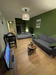 sala de estar con sofá y TV de pantalla plana en Le Wimbledon en Chalon-sur-Saône