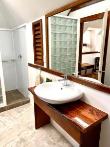 uma casa de banho com um lavatório e um espelho em Tai'inu Bungalows em Amuri