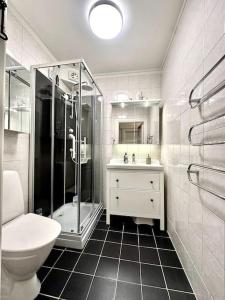 een badkamer met een douche, een wastafel en een toilet bij The Majestic Residence -Liseberg - Svenska mässan in Göteborg