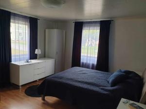 a bedroom with a bed and a dresser and two windows at Bergsgatan 5 Arjeplog in Arjeplog